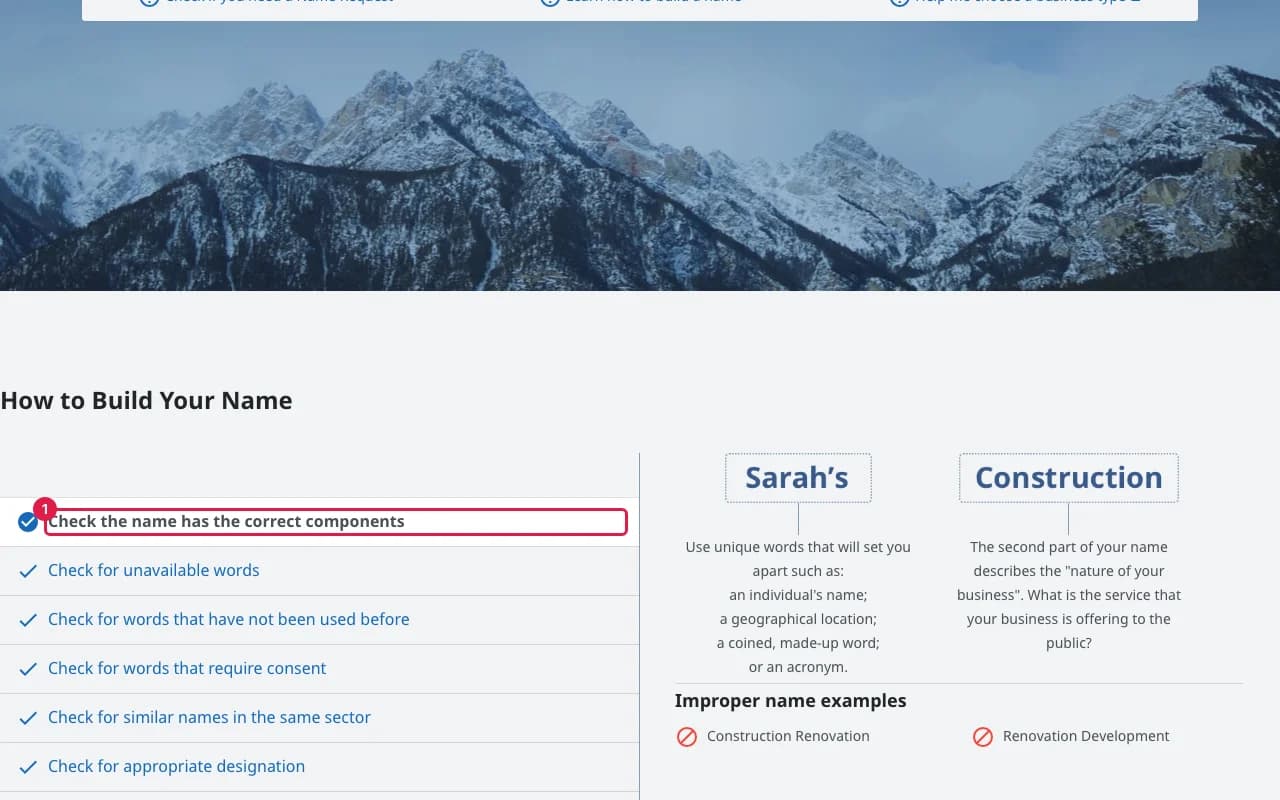 Name Request page with the How to Build Your Name guidance