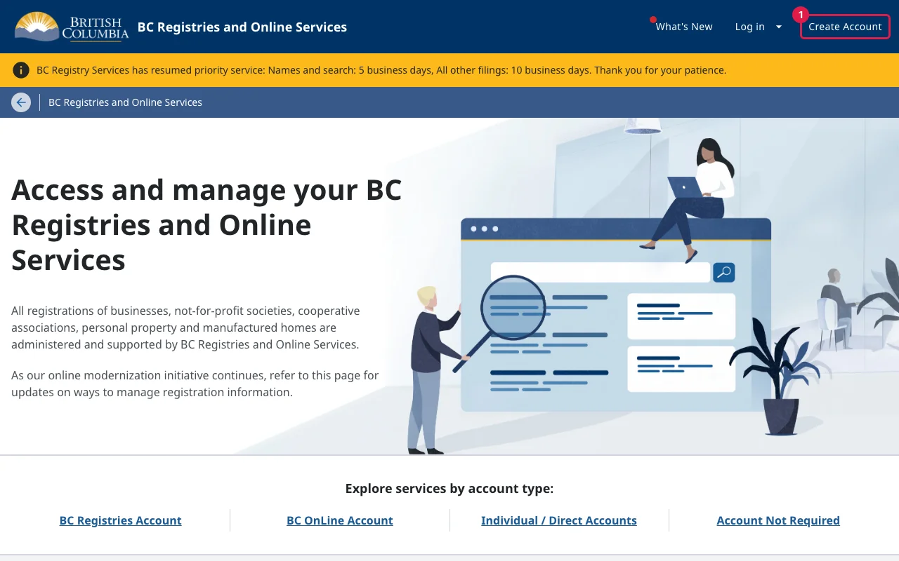 BC Registries and Online Services home page with the Create Account button highlighted