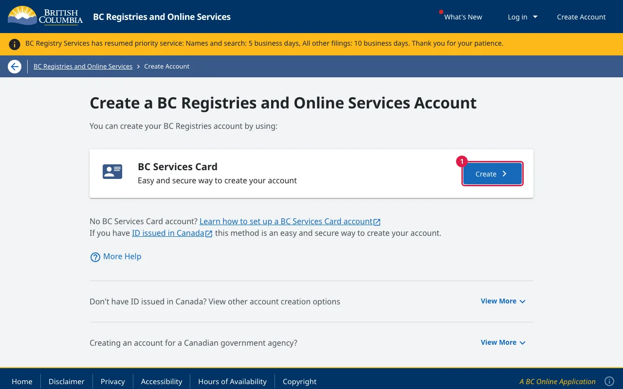 Create account page offering sign-in with BC Services Card