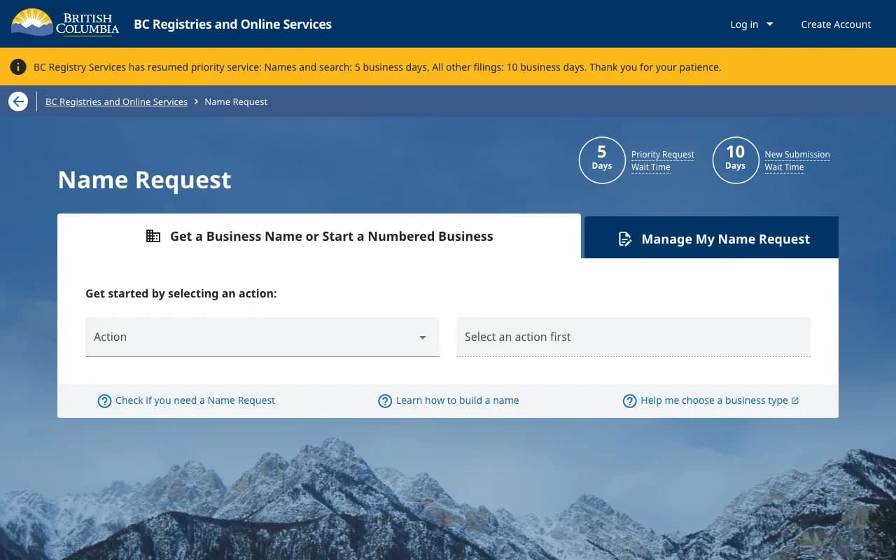 Name Request page with the action selector