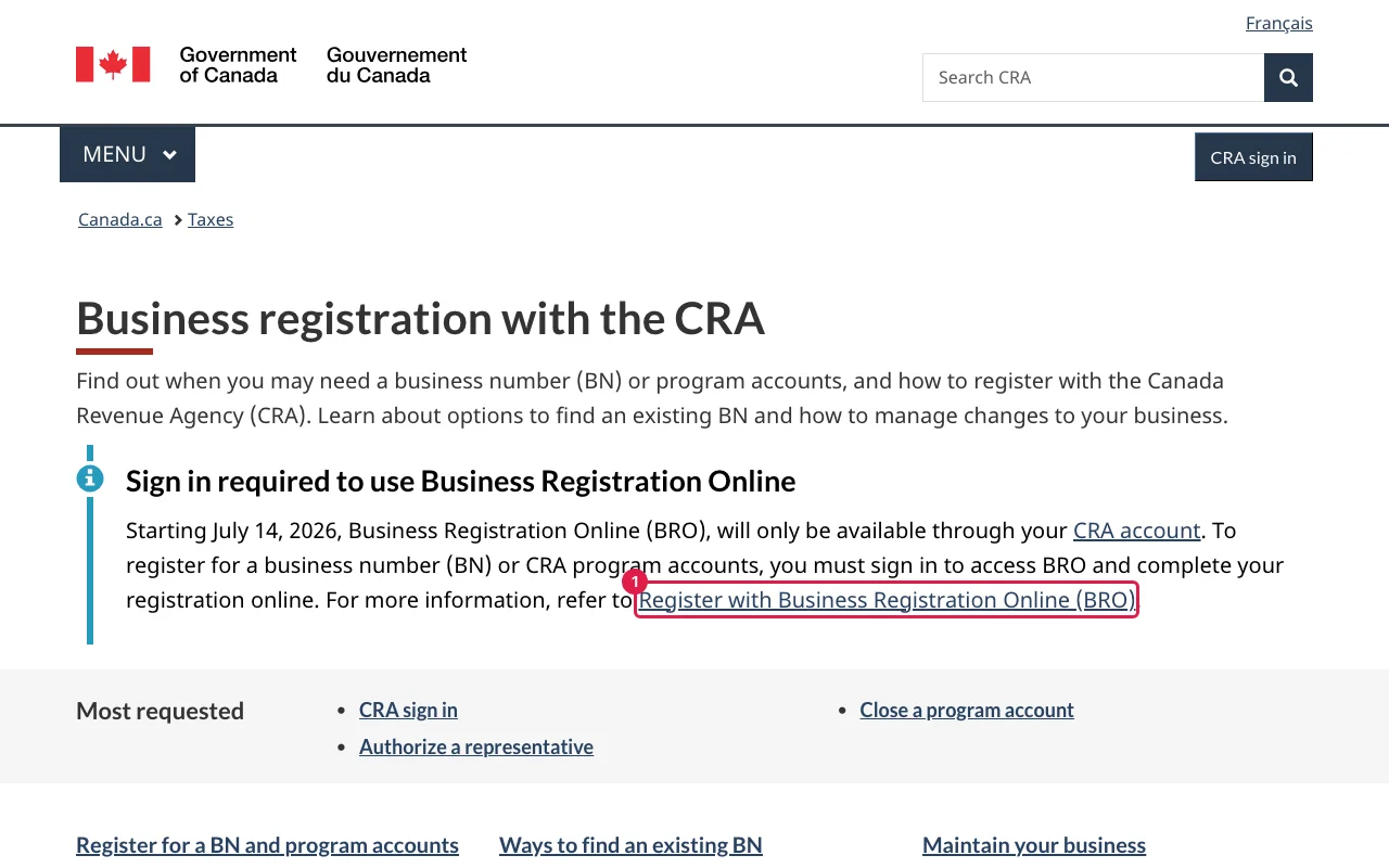 CRA business registration page with the Register with Business Registration Online link highlighted