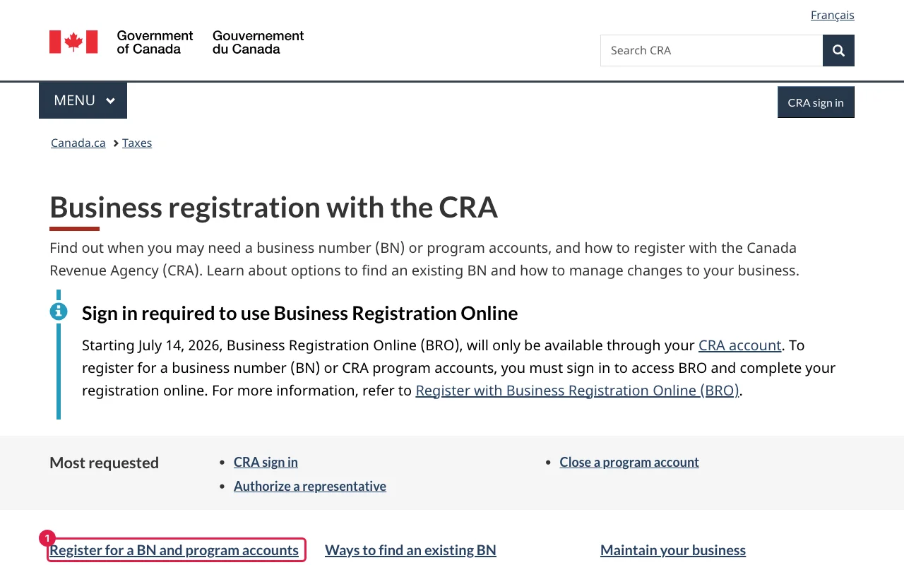 CRA page listing ways to register for a business number and program accounts