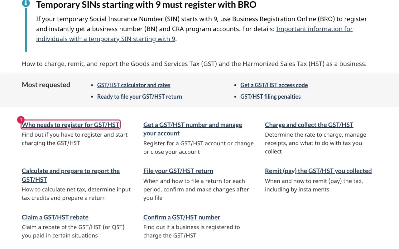 CRA GST/HST for businesses page with the Who needs to register section highlighted