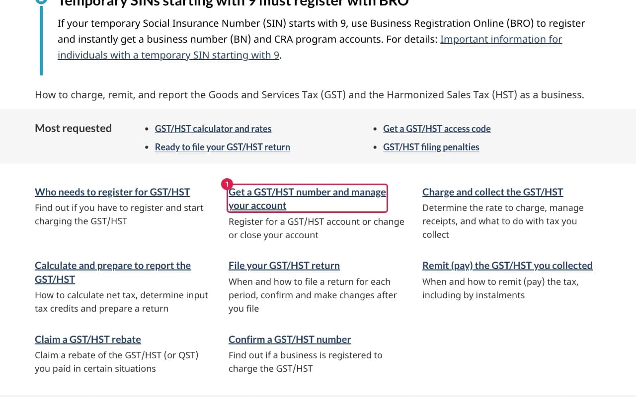 CRA GST/HST for businesses page with the Get a GST/HST number and manage your account section highlighted