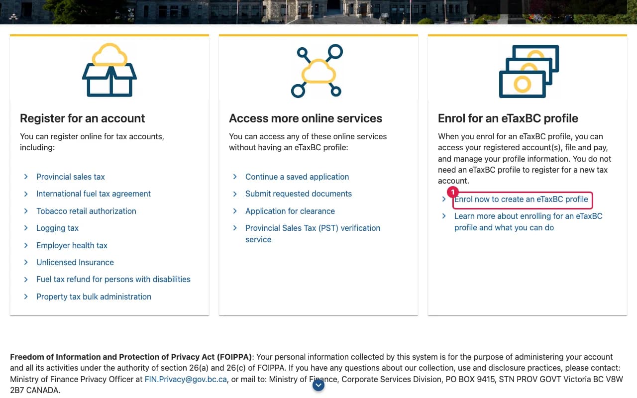 eTaxBC log on page with the Enrol now option highlighted